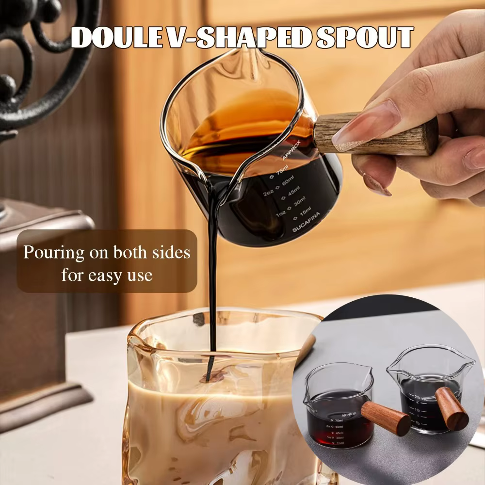 Tasse à mesurer en verre transparent de 75ml, avec poignée en bois, carafe à lait à double bec, outil de cuisine pratique pour la préparation du café, 1/2/5 pièces