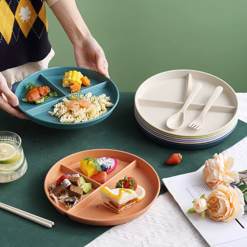 Assiette de petit-déjeuner divisée en 3 compartiments, assiette individuelle ronde en plastique, assiette réutilisable pour régime alimentaire sain et perte de poids, assiette de pique-nique