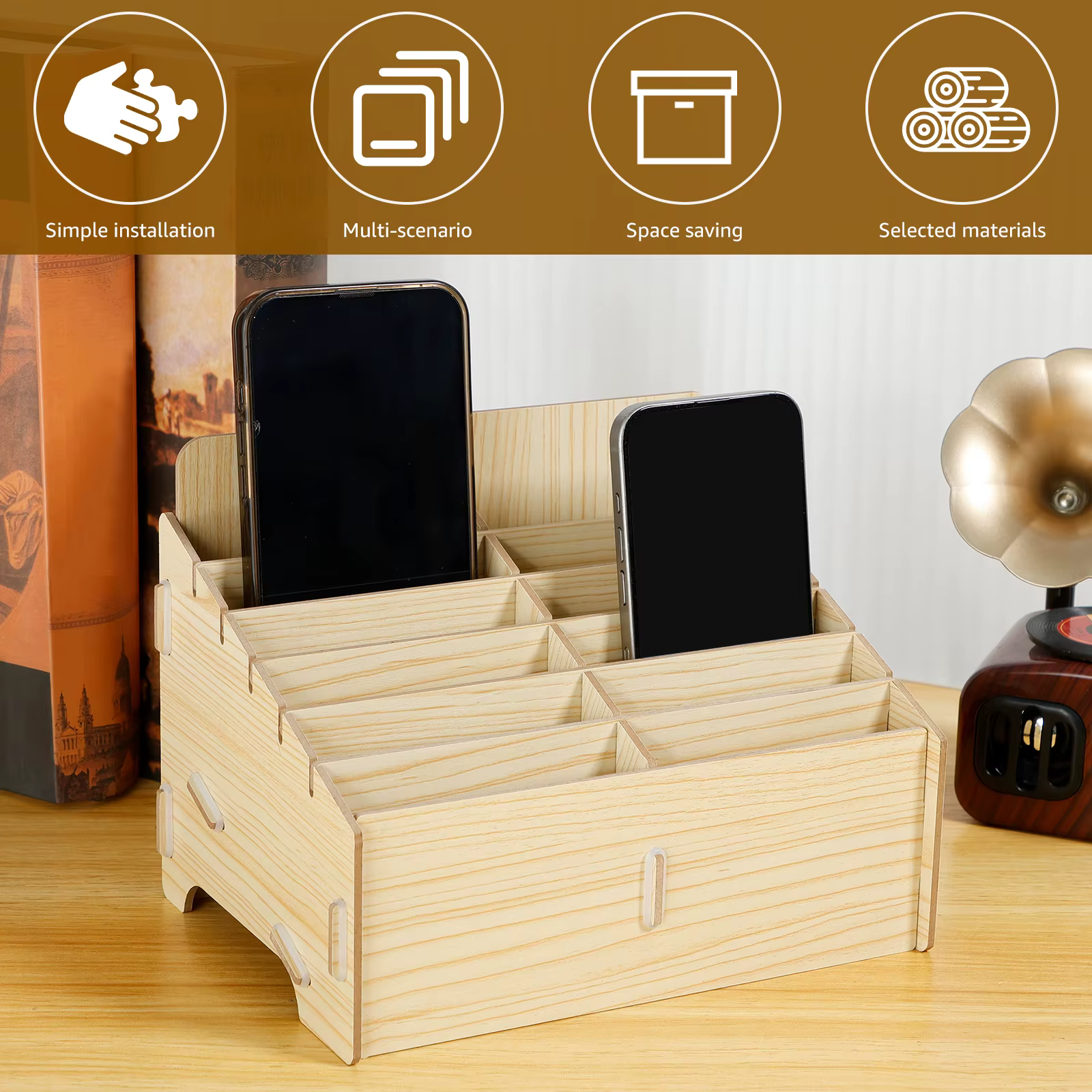Support de téléphone portable en bois, boîte de rangement solide pour téléphone, support de téléphone polyvalent, organisateur de bureau, facile à installer, stockage de gestion du téléphone