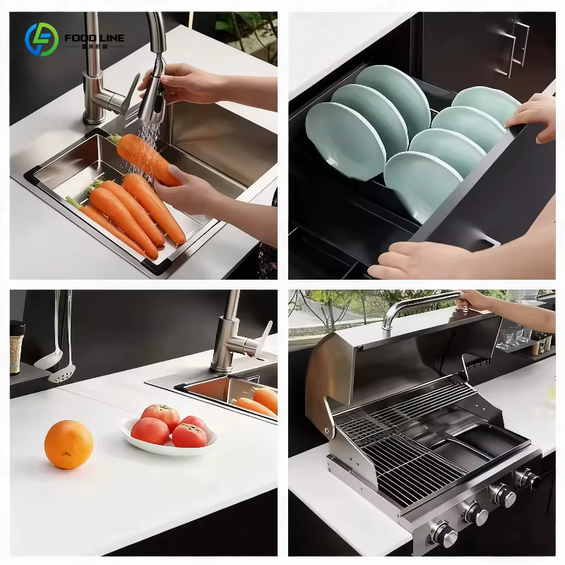 Cuisine de camping pliable moderne en acier inoxydable tout-en-un avec évier et barbecue intégré