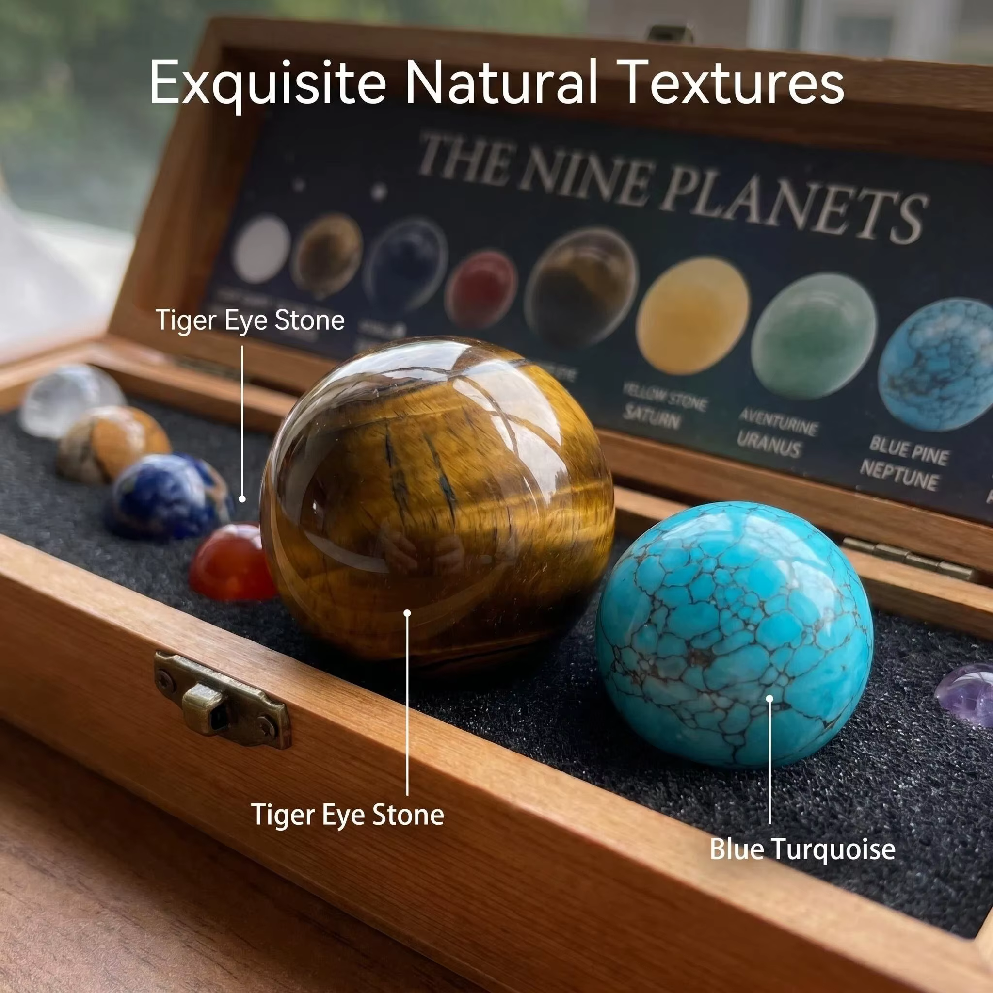 Coffret en bois de billes de pierre naturelle des neuf planètes
