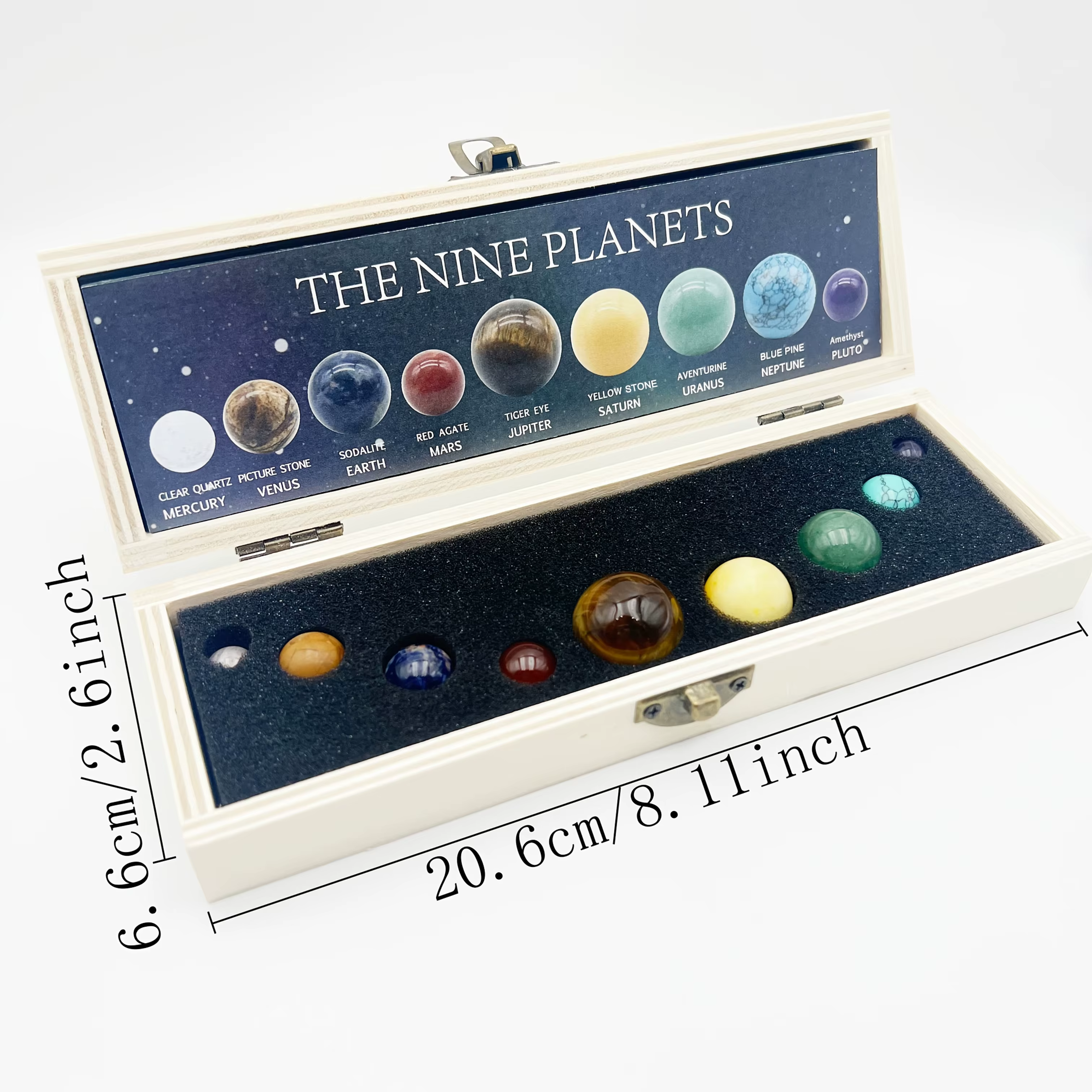 Coffret en bois de billes de pierre naturelle des neuf planètes