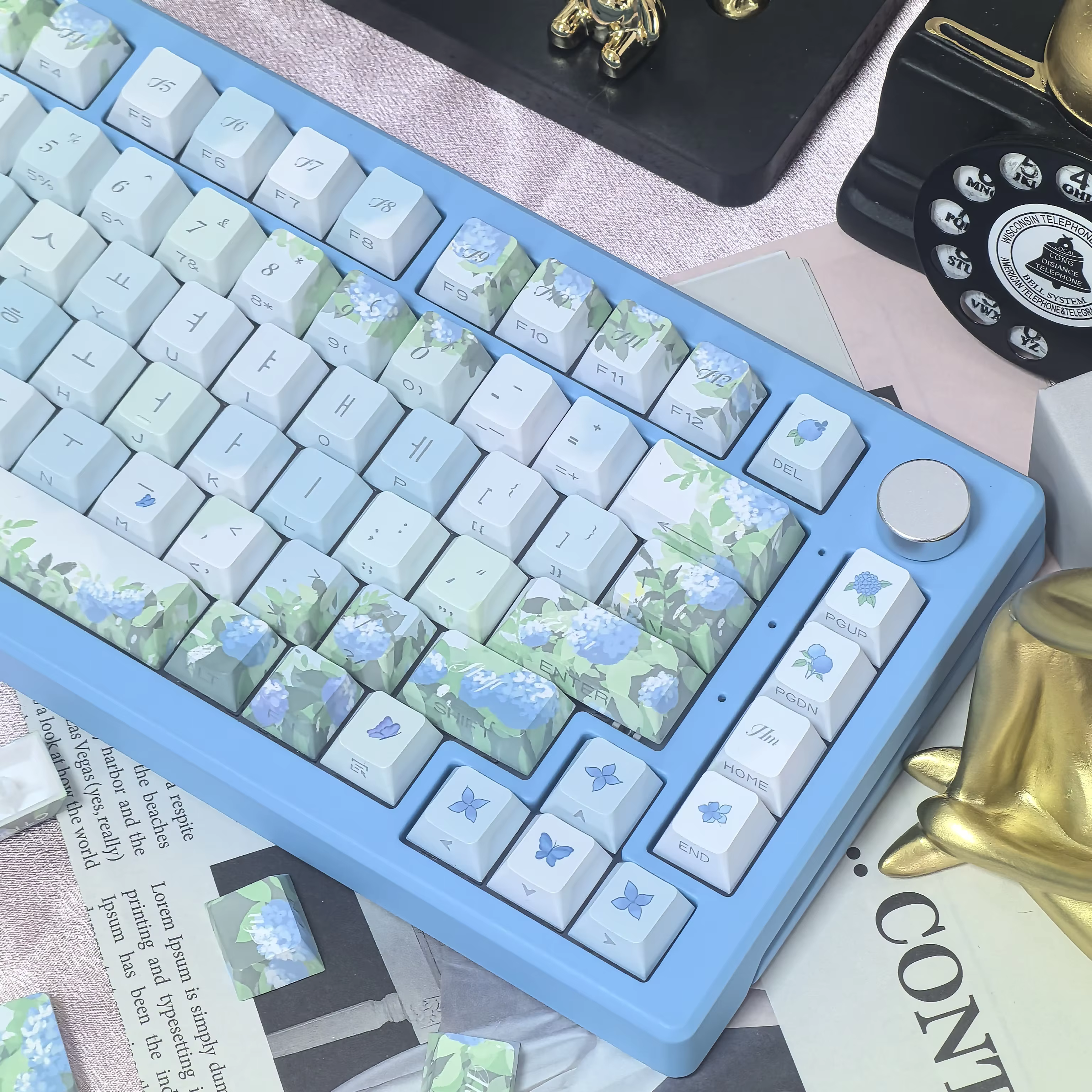 Capuchons de touches KR pour clavier MX, hortensia d'été sans fin, sans gravure latérale, plante et fleur, bleu et coréen, élégant et vert, 133 prédire