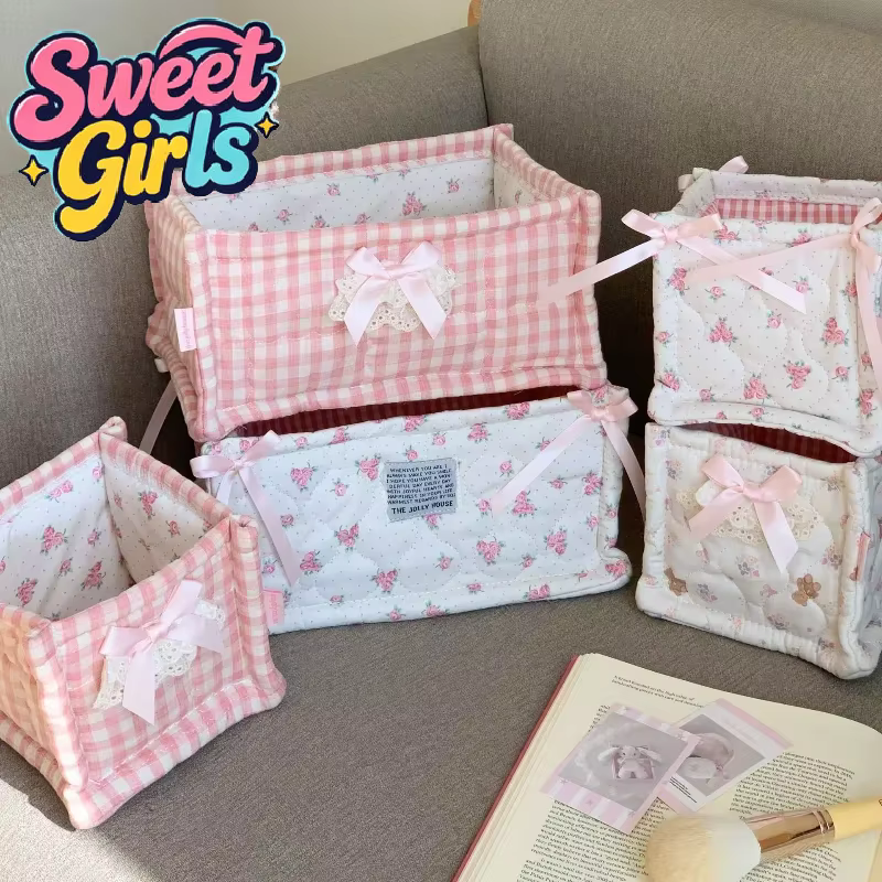 Panier de rangement matelassé pliable en tissu avec jolie décoration en nœud