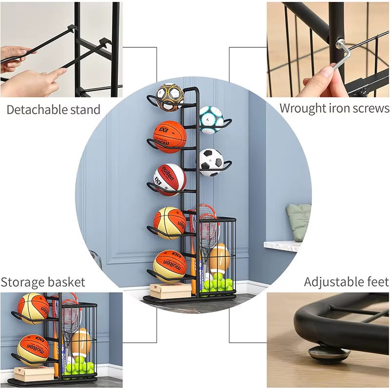Support de rangement pour ballons de sport, basket-ball, badminton, volley-ball, organisateur d'équipement sportif autoportant, porte-ballons pour la maison et l'intérieur
