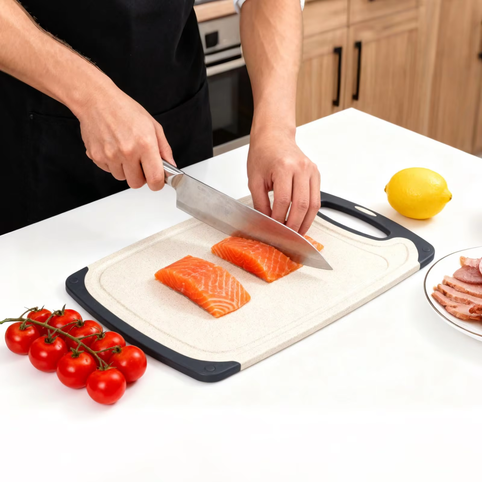 Planche à découper pour la cuisine, antidérapante, avec rainure pour les jus, sans BPA, en plastique PP, pour légumes, viande, fruits