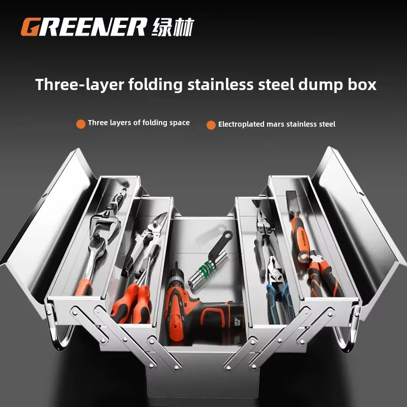 Boîte à outils en acier inoxydable pour usage industriel et domestique avec conception pliable et espace de rangement à 3 couches AJ
