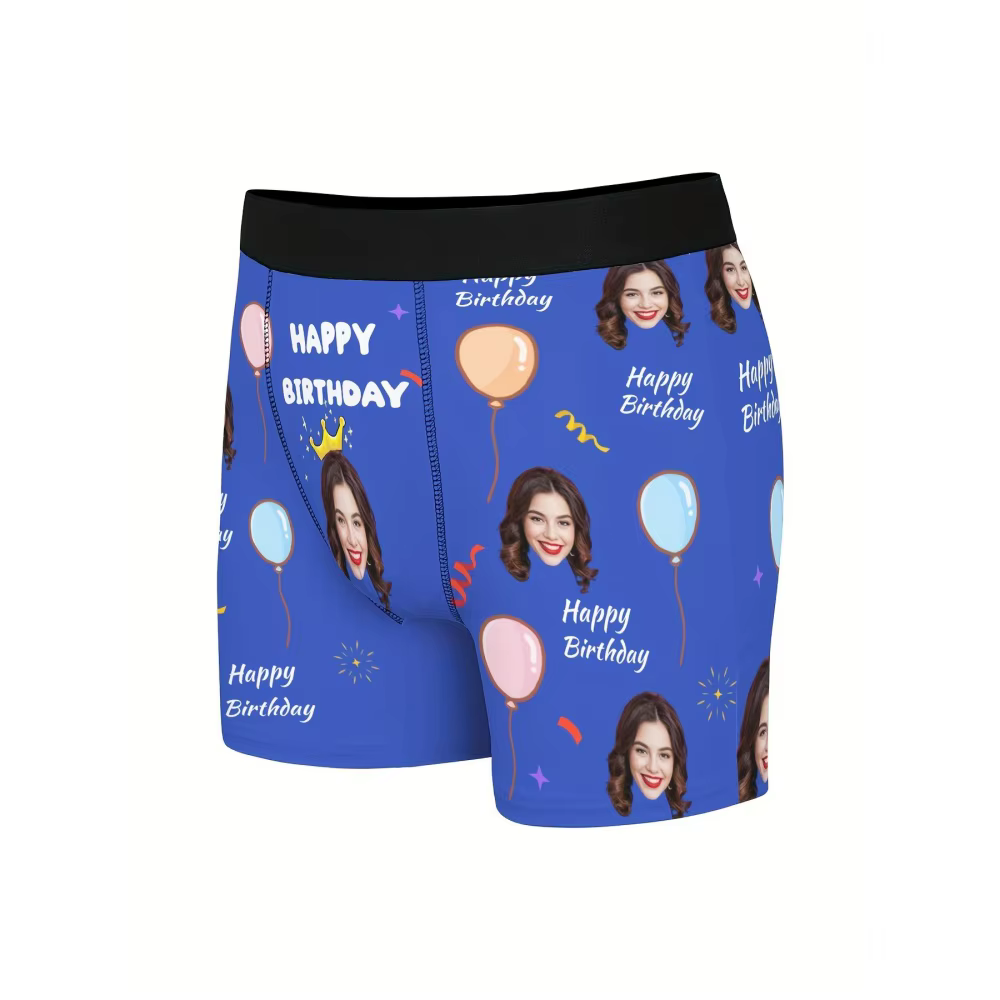 Boxer personnalisé avec photo pour homme, sous-vêtements imprimés avec ballons joyeux anniversaire, cadeau surprise amusant pour mari