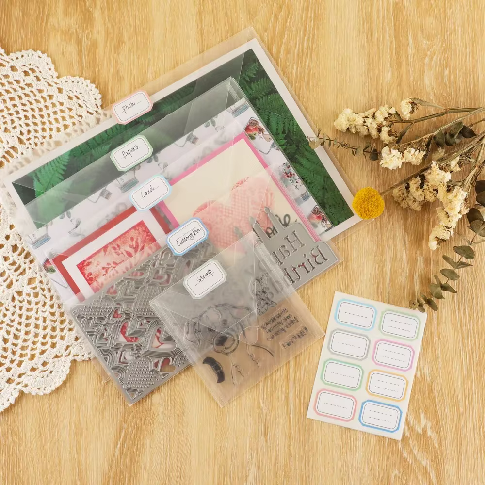 Enveloppes de rangement en plastique avec étiquettes autocollantes colorées pour stocker organiser les timbres de matrices de découpe