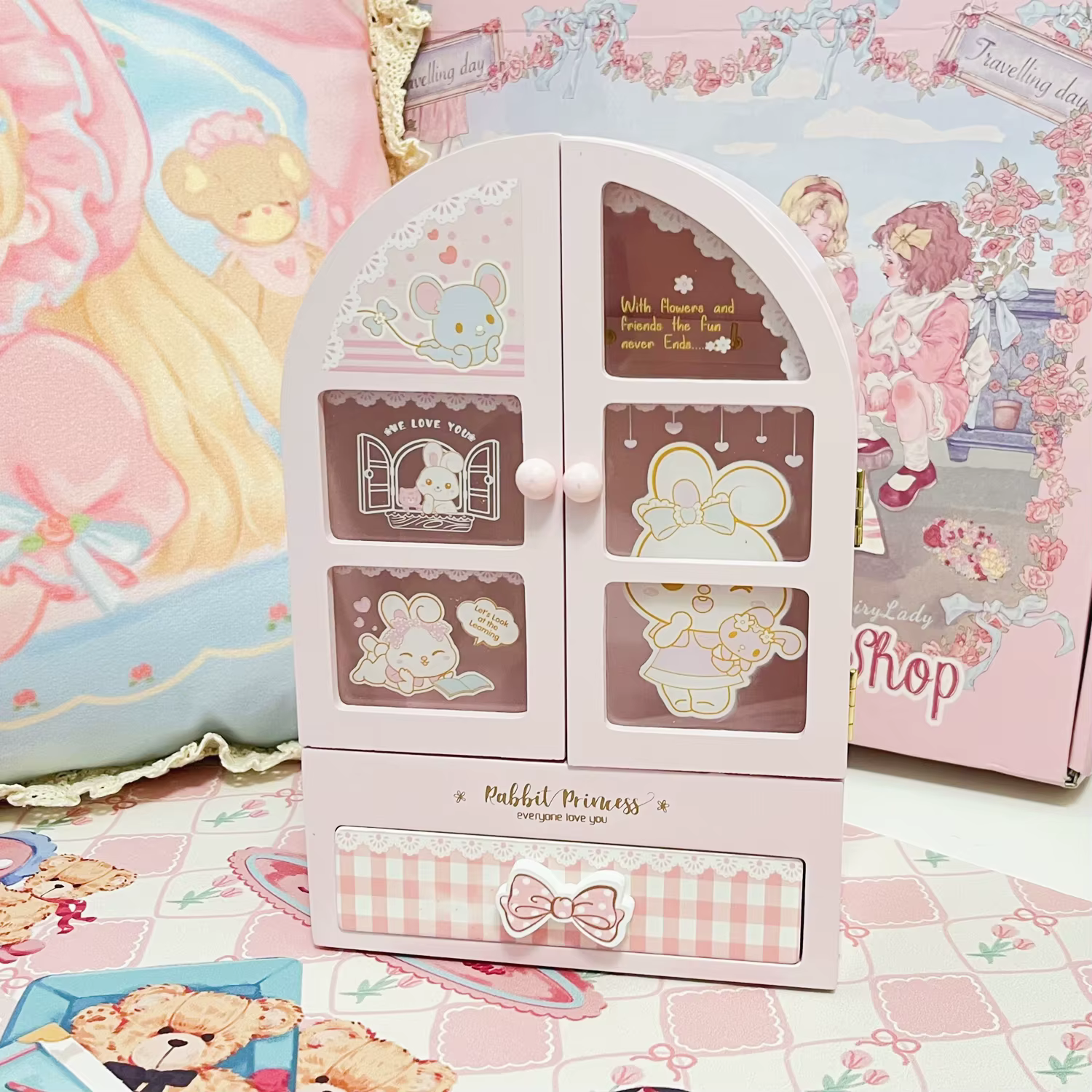 Boîte de rangement cosmétique en bois rose