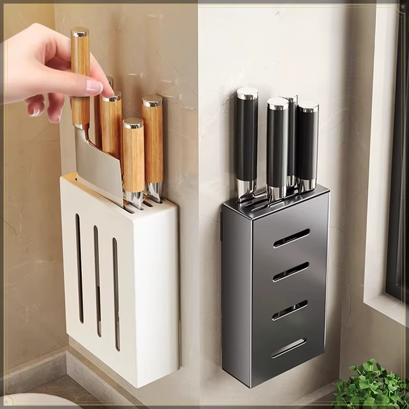 Support mural multifonctionnel en acier inoxydable pour couteaux de cuisine, sans perçage, organisateur de cuisine sans trace, rangement d'ustensiles