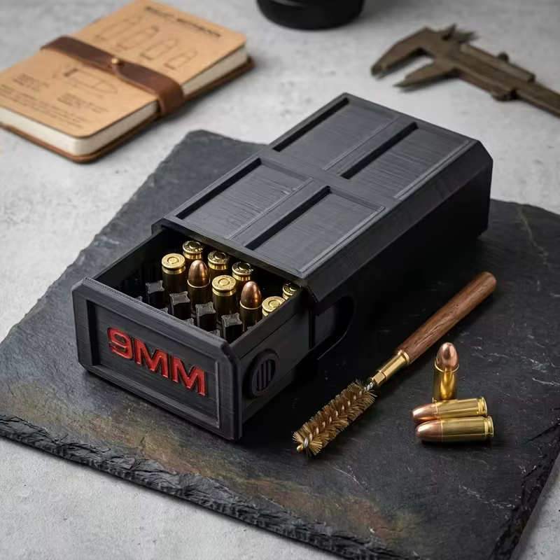 Boîte à munitions 9 mm de 50 cartouches imprimée en 3D avec couvercle coulissant – Organisateur et rangement tactique