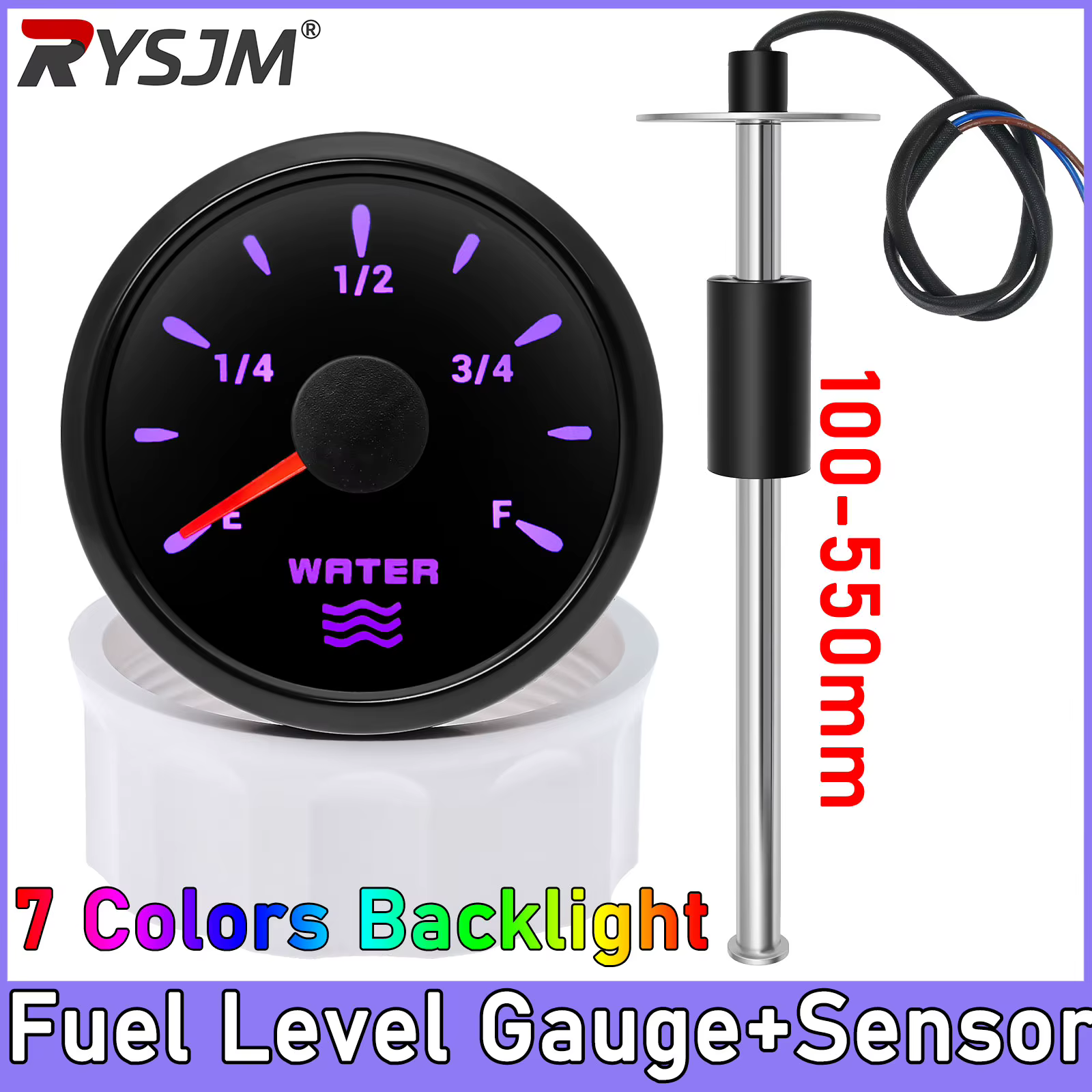 Jauge de niveau d'eau marine pour bateau 52 mm avec rétroéclairage 7 couleurs, jauge de carburant à aiguille + capteur de niveau de carburant numérique 100 mm-500 mm pour voiture