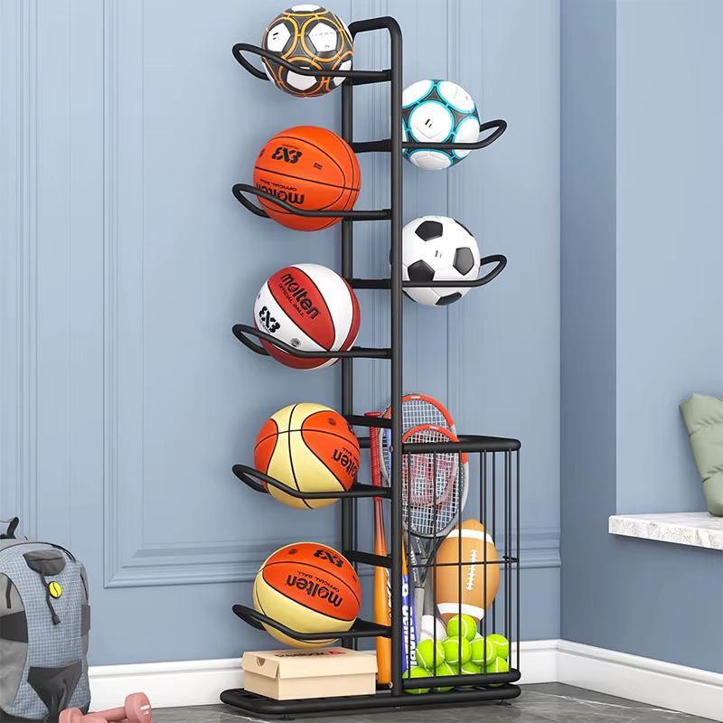 Support de rangement pour ballons de sport, basket-ball, badminton, volley-ball, organisateur d'équipement sportif autoportant, porte-ballons pour la maison et l'intérieur