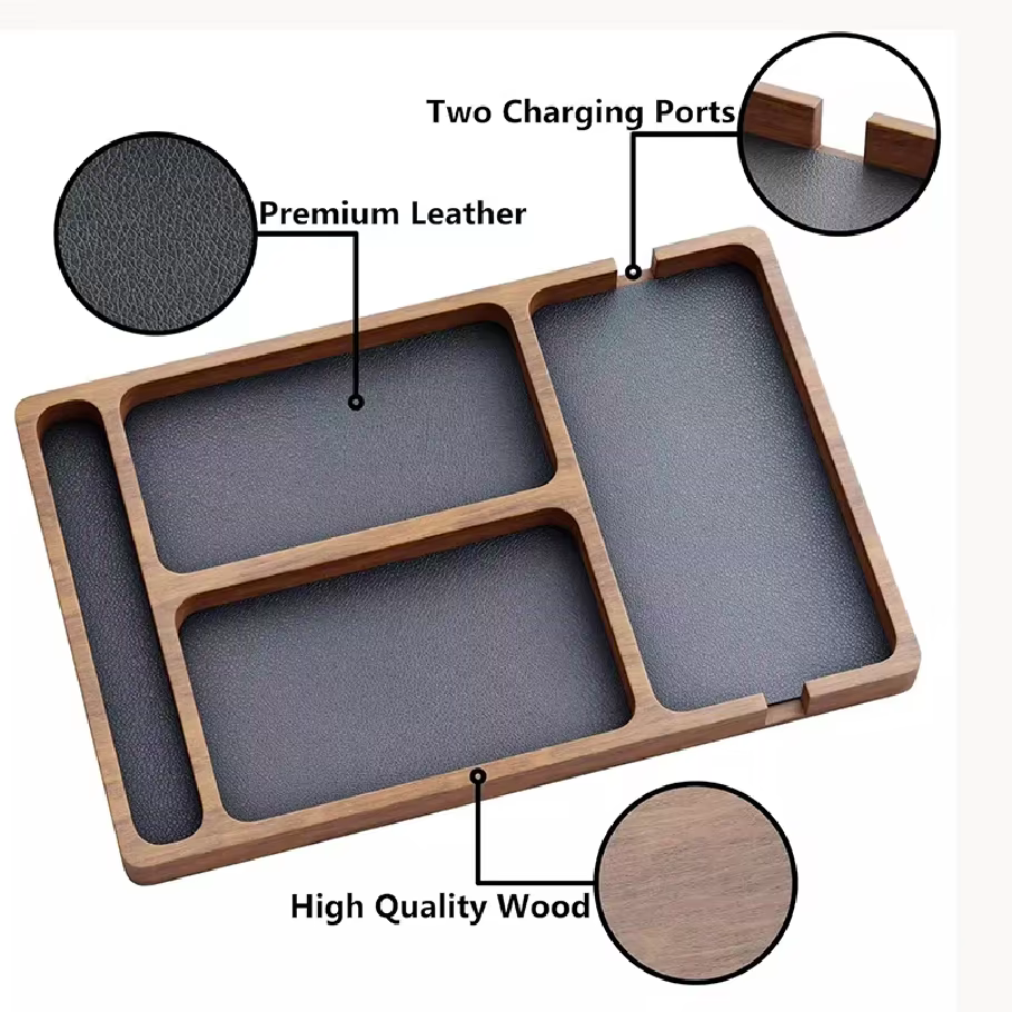 Boîte de rangement de bureau en bois massif avec compartiments, pour téléphone portable, écouteurs et autres petits objets, plateau de rangement en bois