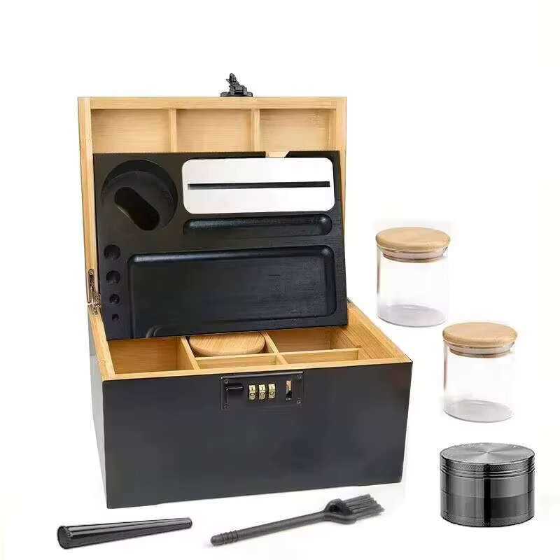 Boîte de rangement en bambou avec verrouillage par mot de passe, grande boîte en bambou BLOlock, bocaux en verre et broyeur d'herbes, boîte à mot de passe en bambou