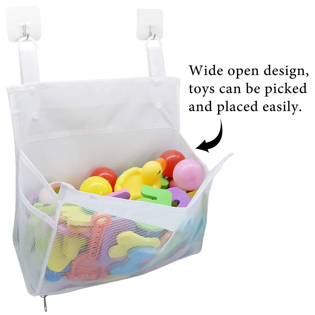 Organisateur de jouets de bain pour enfants, sac de rangement suspendu avec grand dessus ouvert et fermeture éclair, organisateur de baignoire de douche pour jouets, emballage de rangement de jouets