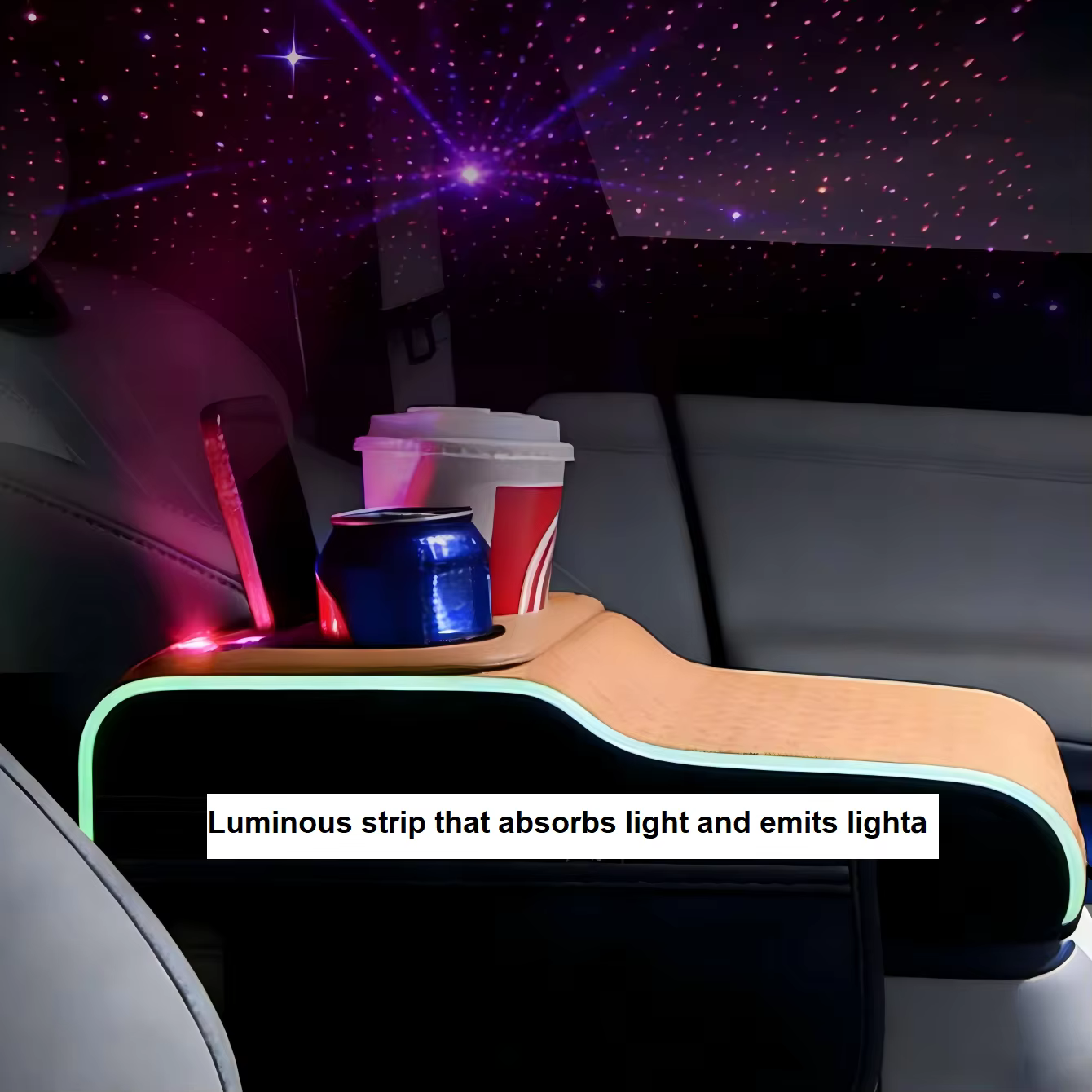Boîte d'accoudoir de voiture multifonctionnelle avec couvercle interchangeable, dotée d'une projection laser étoilée, de bandes lumineuses latérales, de deux ports de charge USB/Type-C pour téléphones
