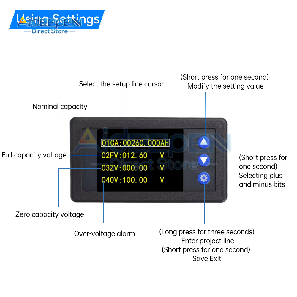 Moniteur de capacité de batterie 10V-100V avec capteur Hall