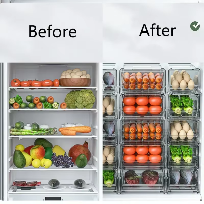 Boîte à tiroirs pour réfrigérateur de cuisine, rangement de fruits et légumes, poubelle de conservation des fruits frais, organisateur empilable, boîte d'armoire de garde-manger pour réfrigérateur