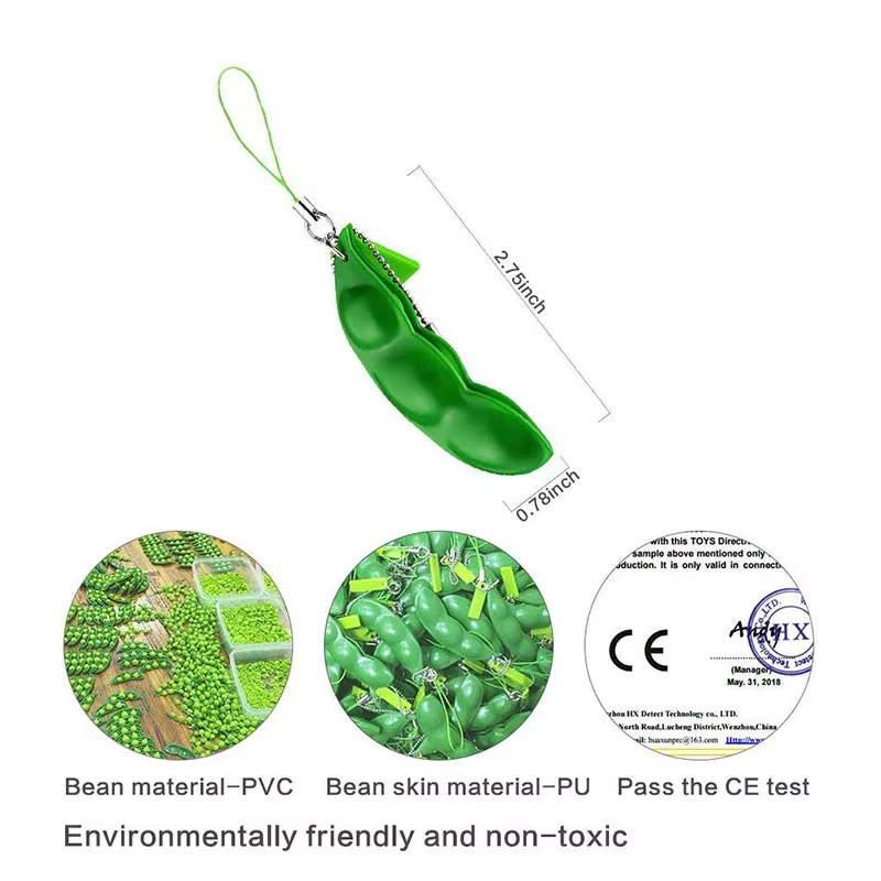 Porte-clés anti-stress tactile en forme de pois edamame à presser