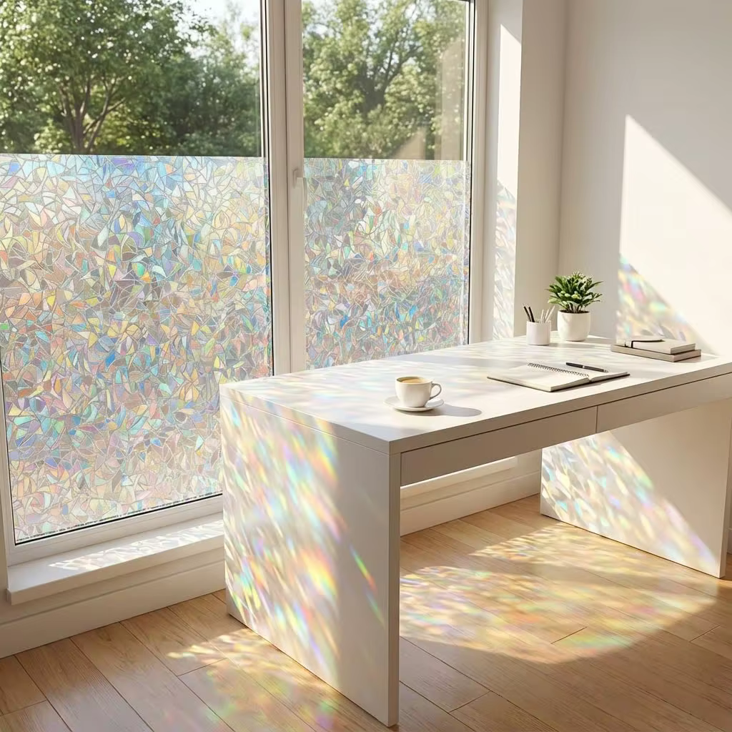 Film adhésif statique décoratif pour fenêtre en verre coloré 3D arc-en-ciel