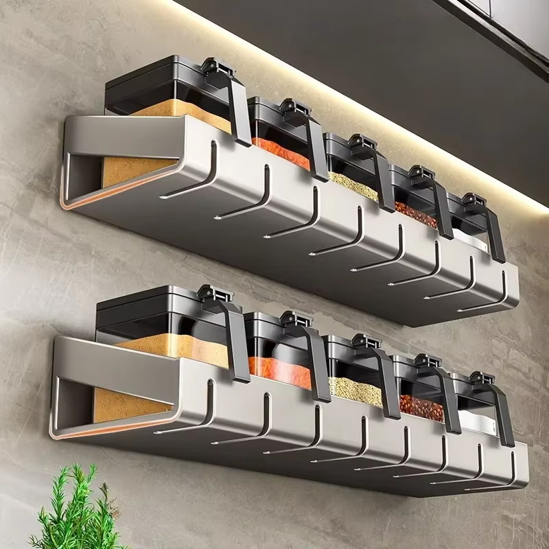 Étagère murale de rangement pour épices et condiments avec crochets suspendus