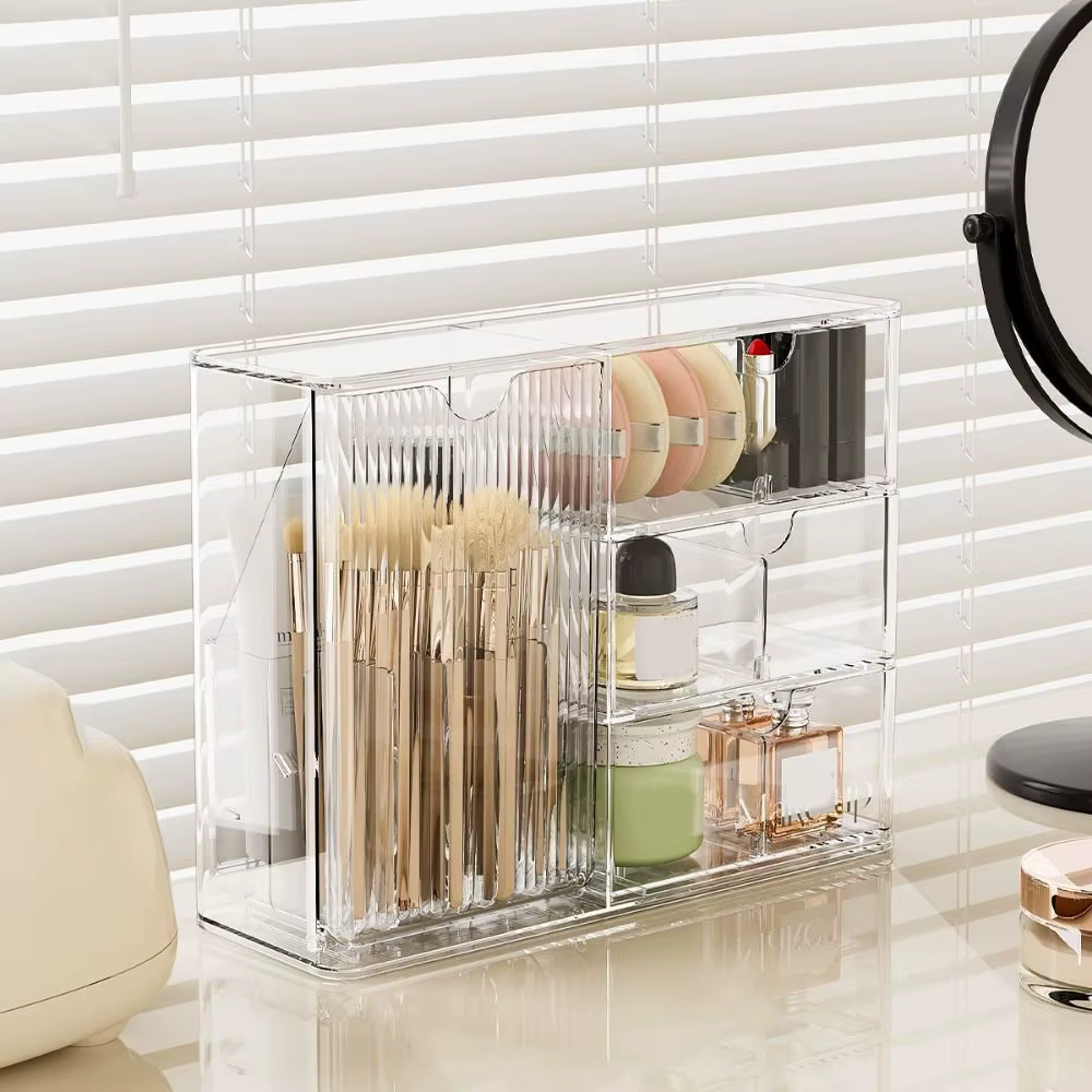 Boîte de rangement cosmétique en plastique transparente, grande capacité, style tiroir, avec tiroirs, anti-poussière