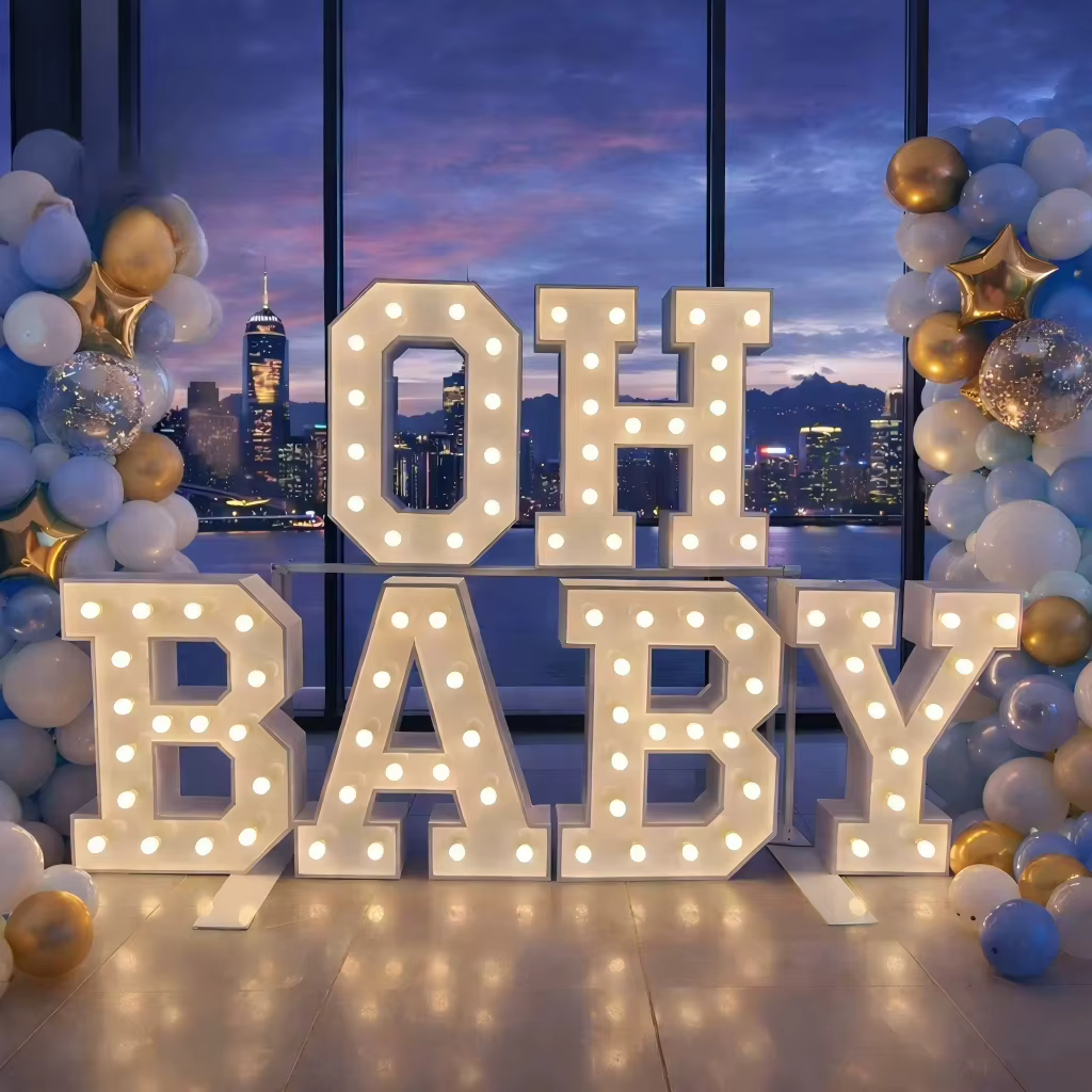 Enseignes électroniques métalliques 3D, lettres LED « Oh Baby » de 4 pieds, numéros de marquee de 4 pieds, lettres de marquee LED métalliques personnalisées pour la décoration de mariages et de fêtes