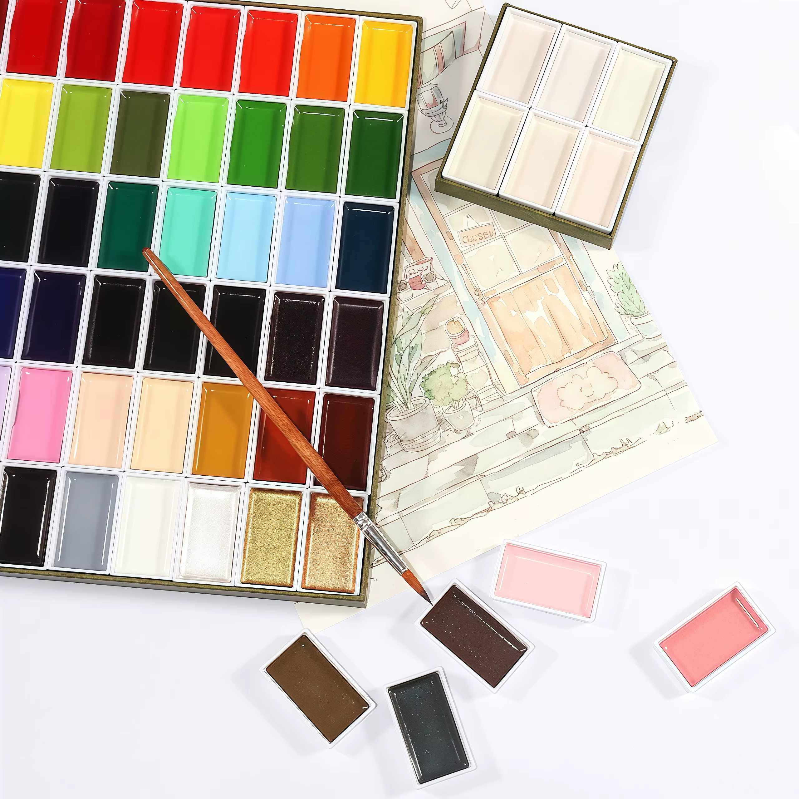 Peinture aquarelle professionnelle 24/48 couleurs, peinture japonaise, boîte Portable, peintures à l'aquarelle pour professionnels ou débutants