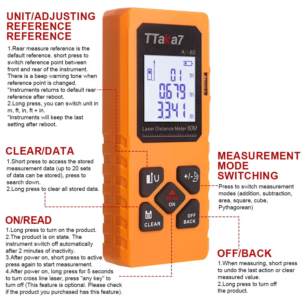 Télémètre laser TTaka7 40M/60M, ruban à mesurer numérique, télémètre de précision avec mesure de distance/aire/volume/auto-calibrage