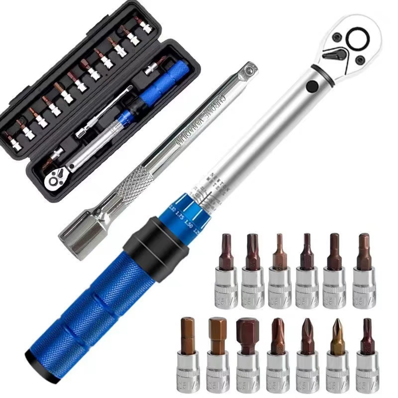 Clé Dynamométrique Réglable Haute Précision 2 à 24Nm 1 4 Pouce Kit de 15 Outils pour Réparation de Vélo avec Embouts et Coffret