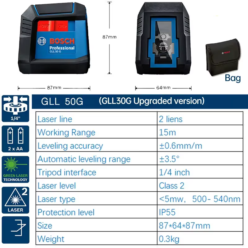 Bosch GLL 50 G vert 2 lignes niveau Laser 15M haute précision outils de mesure