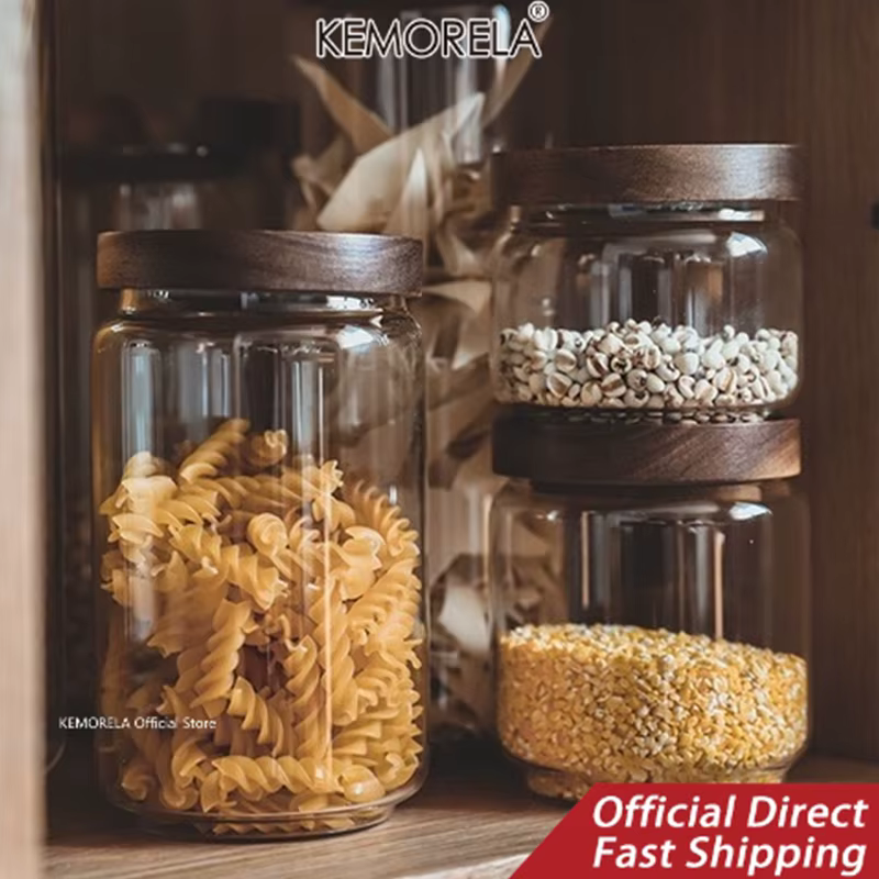 Couvercle en bois verre hermétique bidon cuisine bouteilles de stockage pots récipient alimentaire Grains thé café