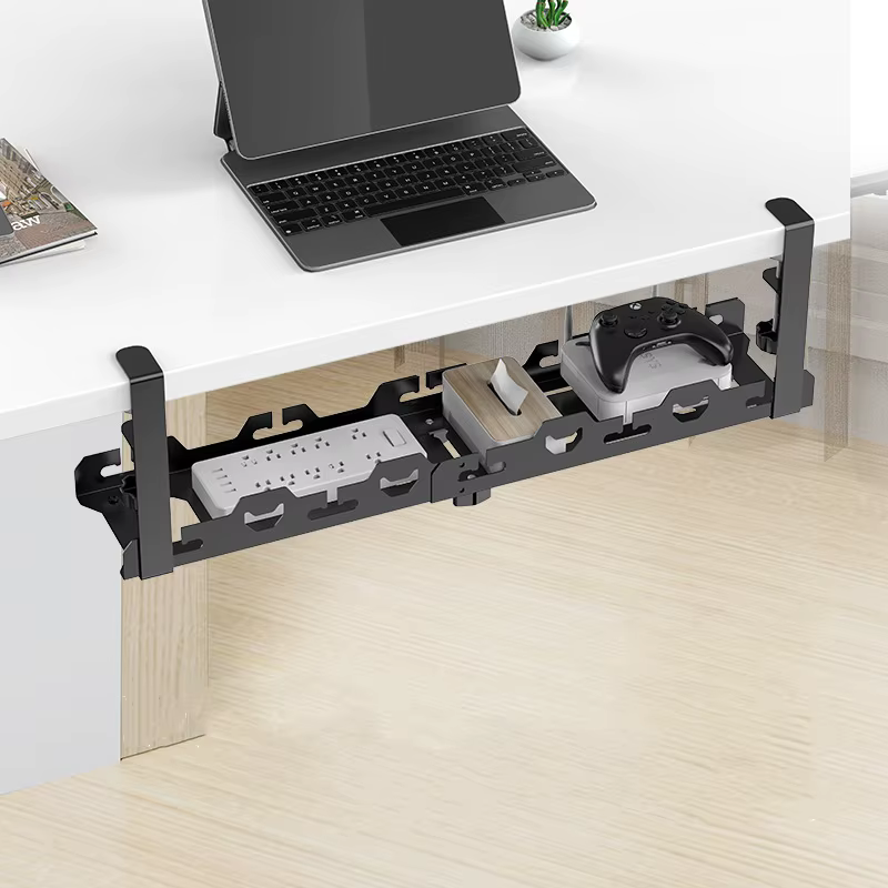 Organisateur extensible sous le bureau, plateau de gestion des câbles sans perceuse (noir/blanc), rangement télescopique peu encombrant pour fils et bureau