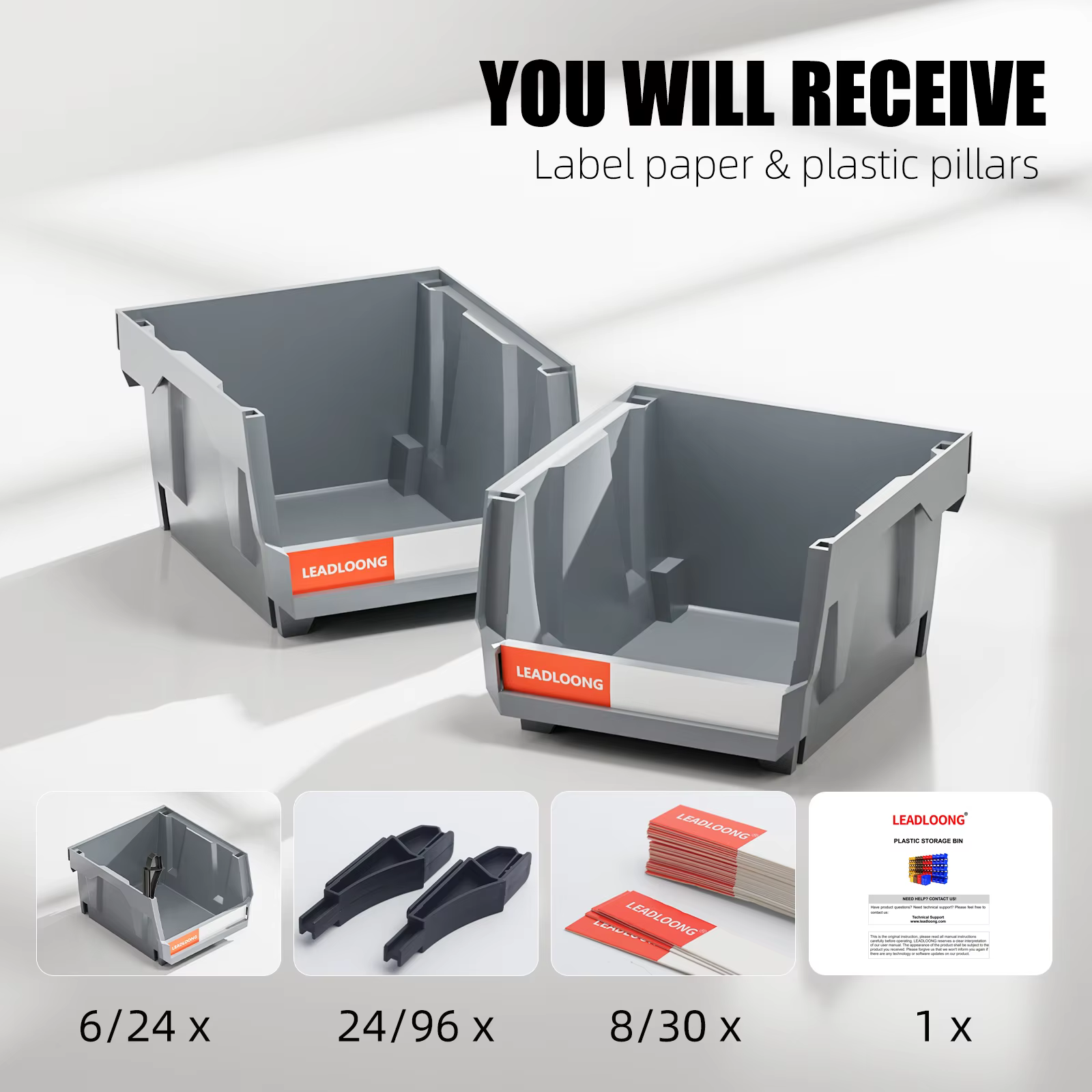 Boîte de rangement en plastique empilable gris 6/24 pièces