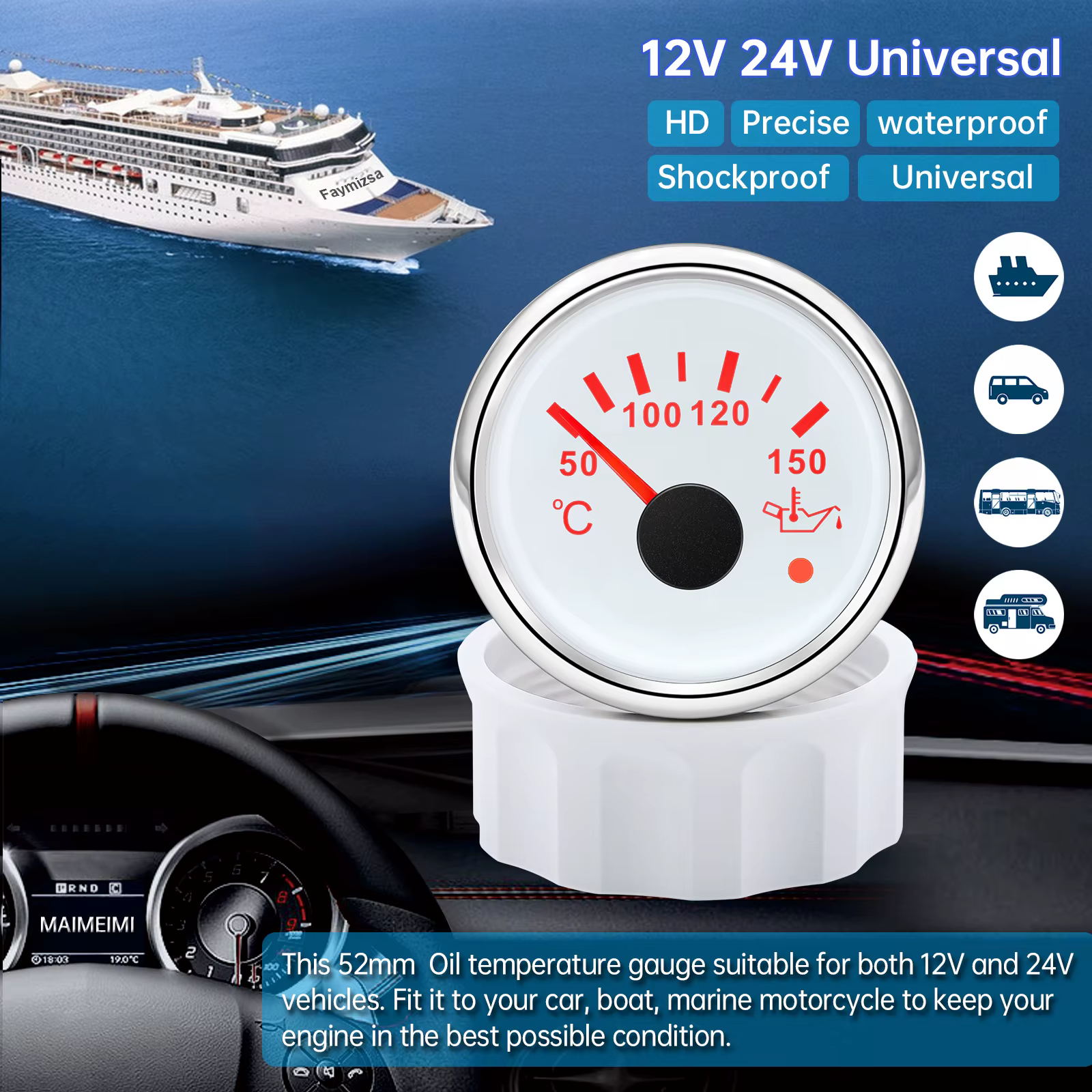 Jauge de température de l'eau pour voiture et bateau, 2'' 52mm, universelle, 12V 24V, accessoires étanches avec voyant d'avertissement de température