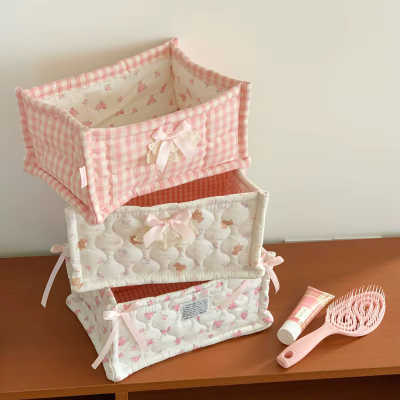 Panier de rangement matelassé pliable en tissu avec jolie décoration en nœud