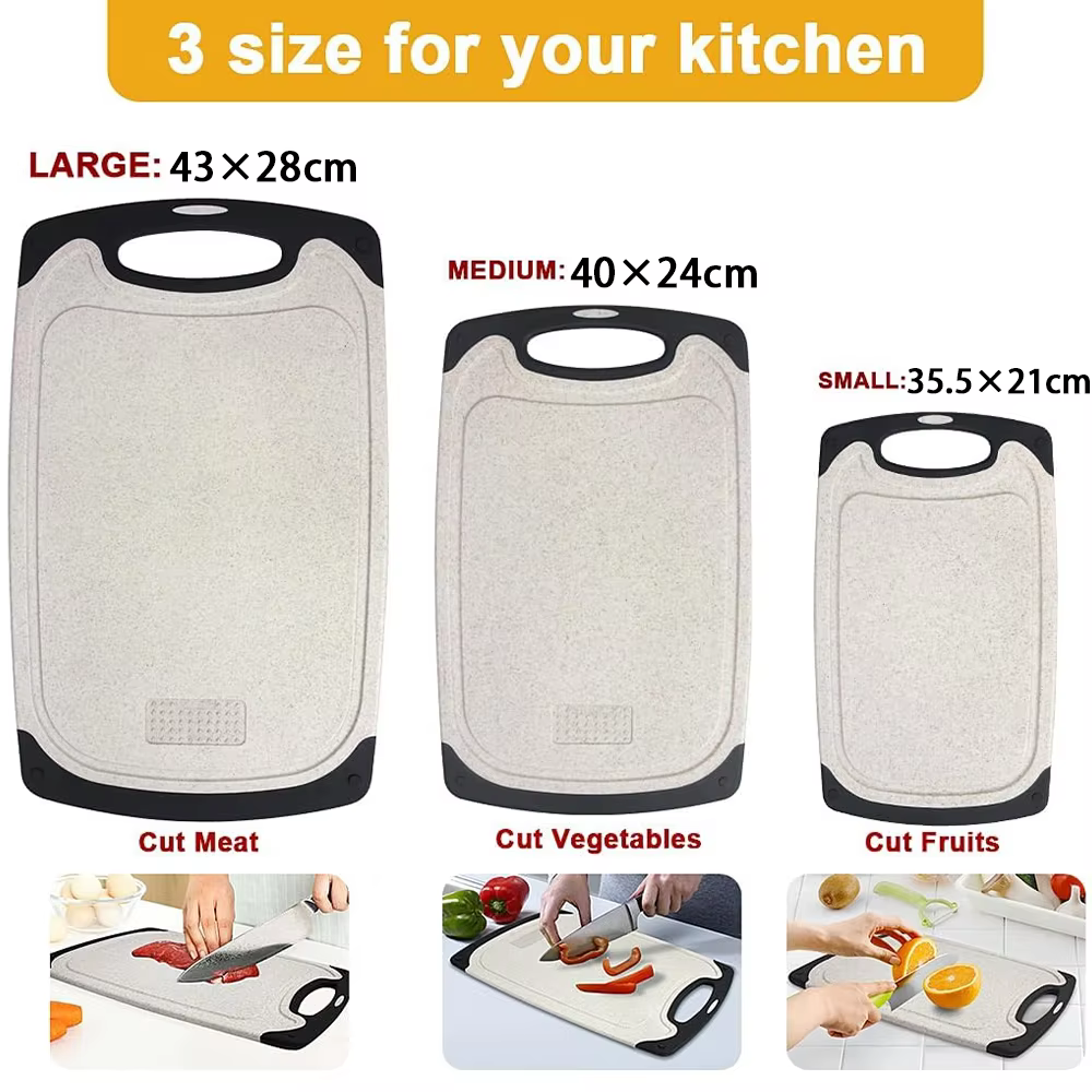 Planche à découper pour la cuisine, antidérapante, avec rainure pour les jus, sans BPA, en plastique PP, pour légumes, viande, fruits