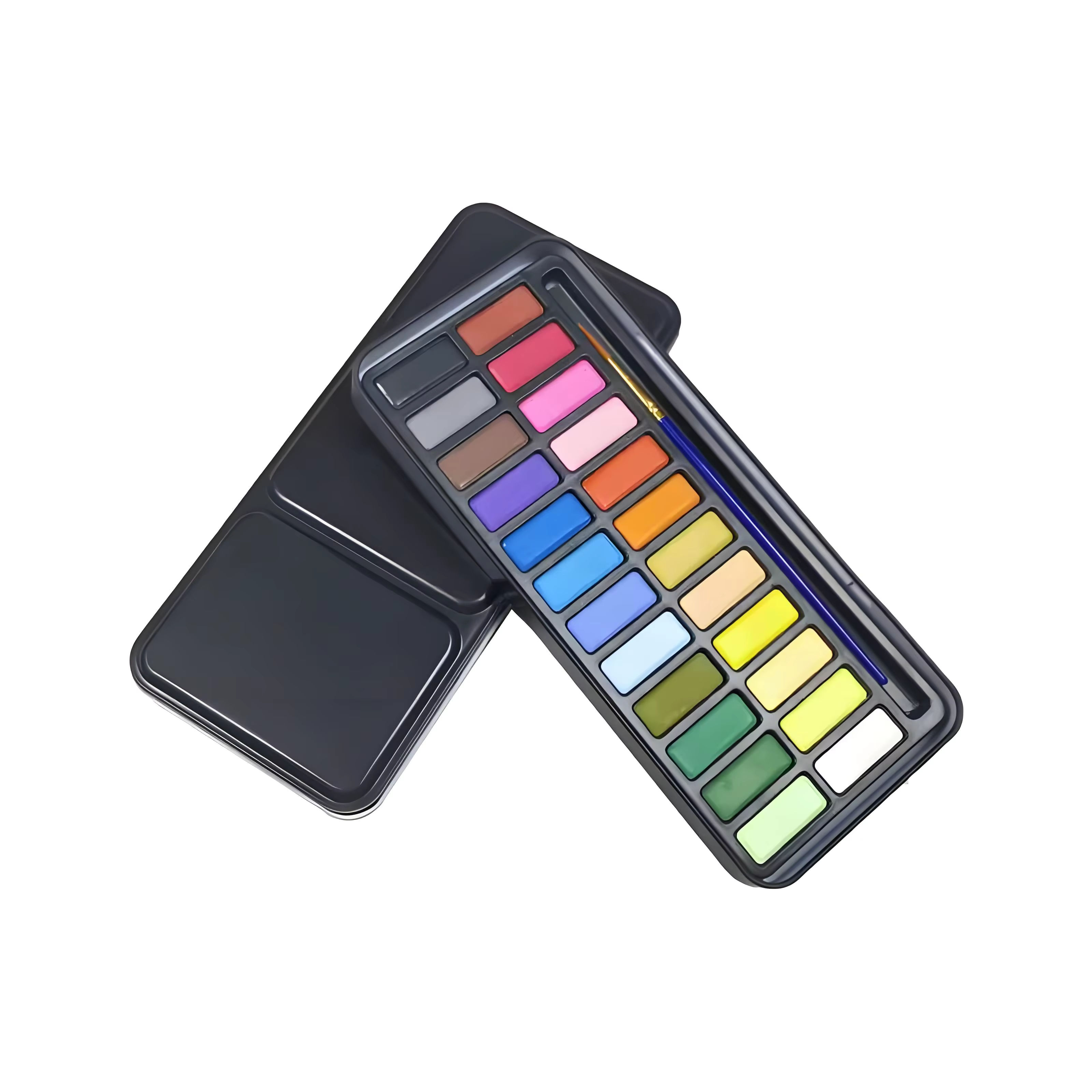 Boîte en fer de 24 couleurs de peinture à l'aquarelle solide, stylo et nuancier gratuits. Convient aux débutants en peinture et au dessin.