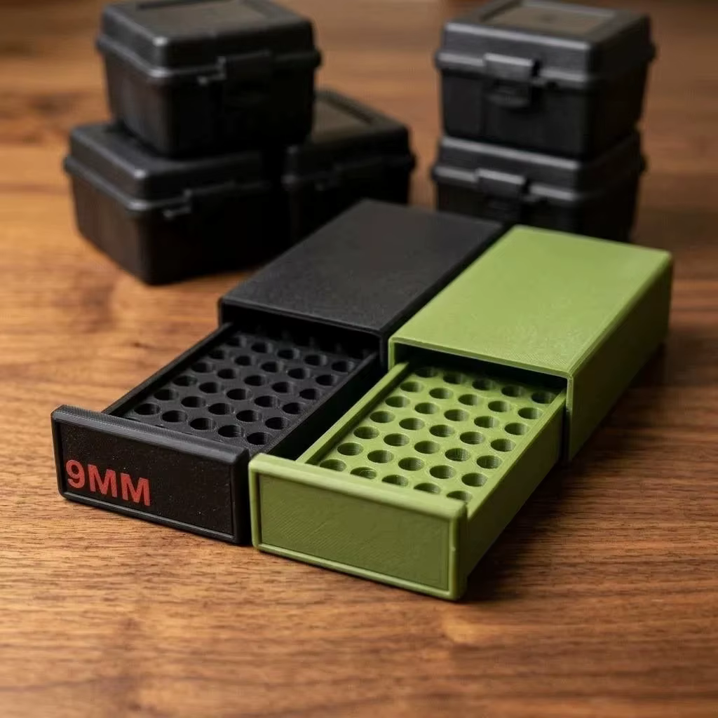 Boîte à munitions 9 mm de 50 cartouches imprimée en 3D avec couvercle coulissant – Organisateur et rangement tactique