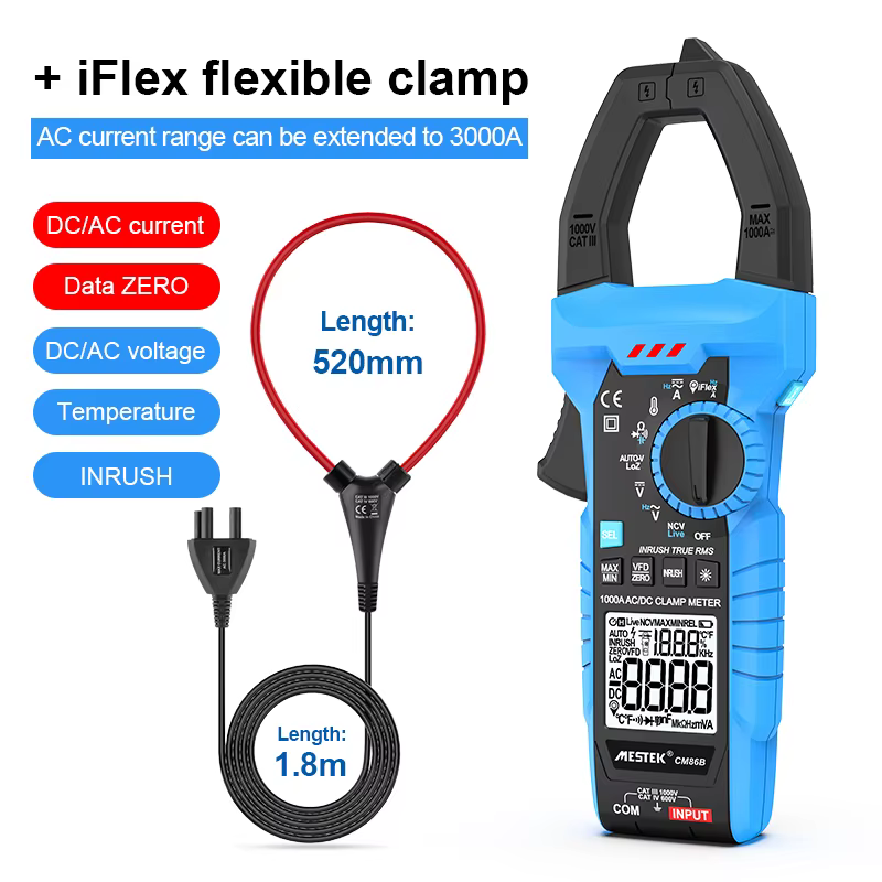 Pince ampèremétrique Mestek CM86B True-RMS 1000A AC/DC avec IFlex