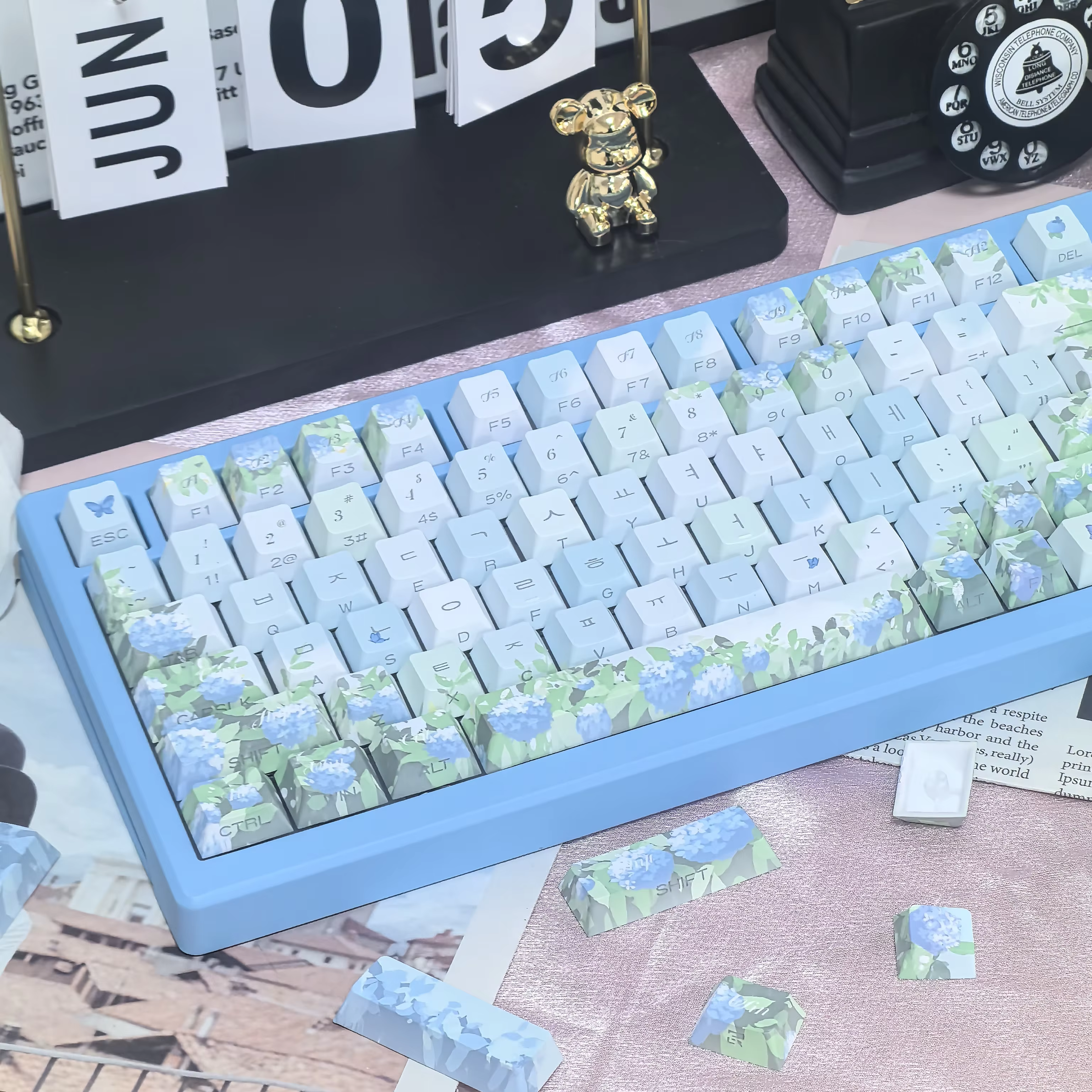 Capuchons de touches KR pour clavier MX, hortensia d'été sans fin, sans gravure latérale, plante et fleur, bleu et coréen, élégant et vert, 133 prédire
