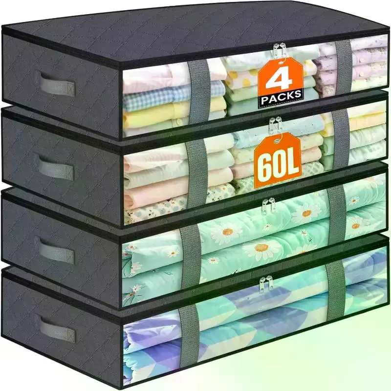 Lot de 4 conteneurs de rangement sous le lit, sacs de rangement pour couvertures, rangement pour chaussures et organisation, organisateur de literie gain de place pour chambre à coucher