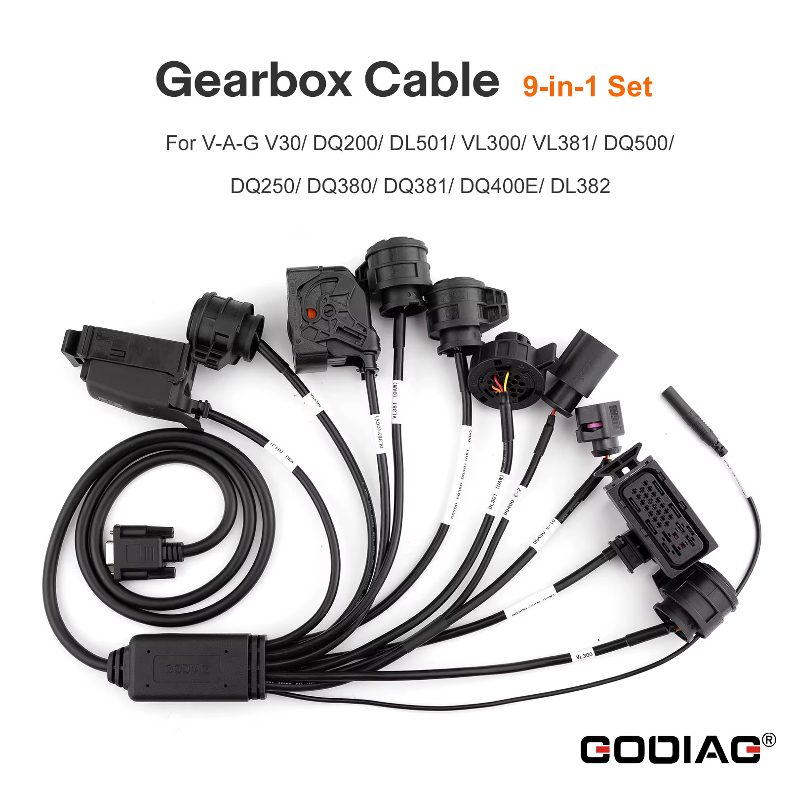 Câble de boîte de vitesses GODIAG VAG 9-en-1 pour DQ200/ DL501/ VL300/ VL381/ DQ500/ DQ250/ DQ380 à utiliser avec AUTEL GBOX/ XHORSE Multiprog