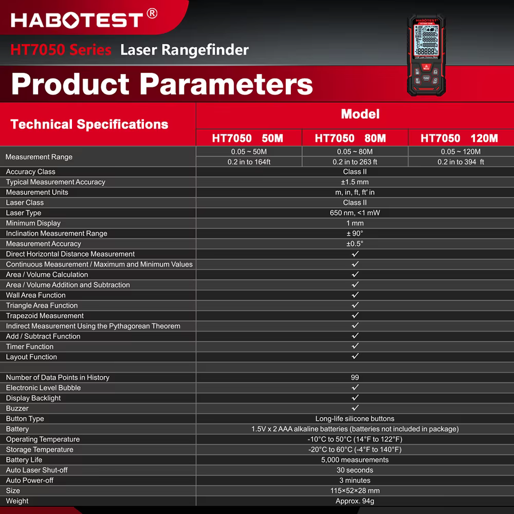 Télémètre laser numérique HABOTEST HT7050 avec niveau électronique double axe