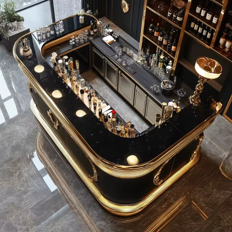 Bar moderne haut de gamme en acier inoxydable, comptoirs en marbre, design autoportant, adapté aux bars et aux hôtels, personnalisable