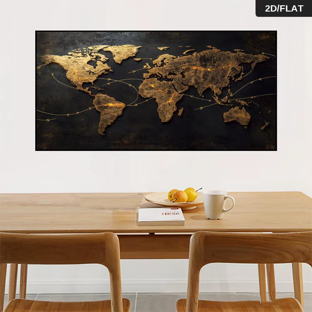 Une peinture murale abstraite moderne de carte du monde dorée avec des flèches de liaison