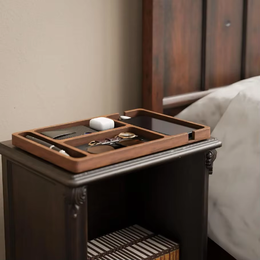 Boîte de rangement de bureau en bois massif avec compartiments, pour téléphone portable, écouteurs et autres petits objets, plateau de rangement en bois