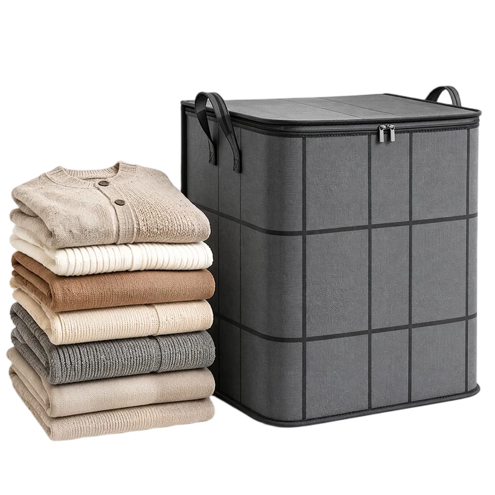 Organisateur de placard pliable en tissu avec fermeture éclair et poignée, grande capacité pour vêtements, linge, déménagement et voyage